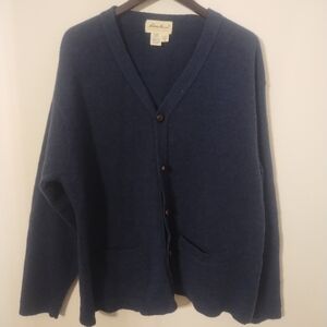 Eddie Bauer  Lambswool Vneck Navy Cardigan Suede Elbow Patch Sweater XLT USA